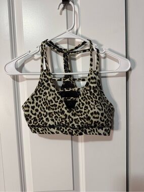 ZYIA Leopard Print Strappy Sports Bra - Black & Cream